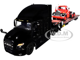 Mack Anthem Sleeper and Landoll 440B 50CA Traveling Axle Trailer Black with Mack B 61 Day Cab Load Red Mack Anniversary 1/64 Diecast Model DCP/First Gear 60-2151