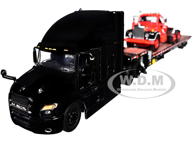 Mack Anthem Sleeper and Landoll 440B 50CA Traveling Axle Trailer Black with Mack B 61 Day Cab Load Red Mack Anniversary 1/64 Diecast Model DCP/First Gear 60-2151