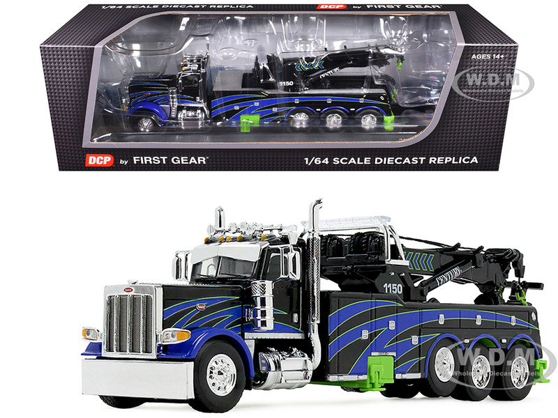 Peterbilt 389 Day Cab with Miller Century 1150 Rotator Wrecker Tow Truck Black with Blue and Green Graphics 1/64 Diecast Model DCP/First Gear 60-2248