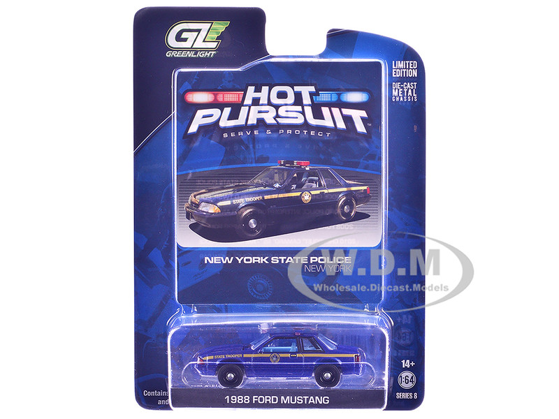 1988 Ford Mustang New York State Police Blue with Yellow Stripes and Blue Interior Hot Pursuit Series 8 1/64 Diecast Model Car Greenlight 42650A