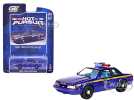 1988 Ford Mustang New York State Police Blue with Yellow Stripes and Blue Interior Hot Pursuit Series 8 1/64 Diecast Model Car Greenlight 42650A