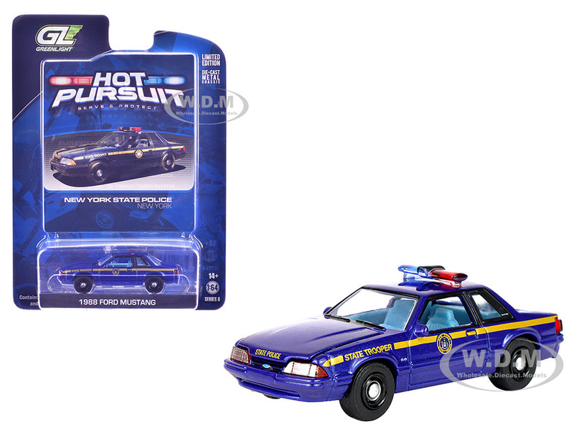 1988 Ford Mustang New York State Police Blue with Yellow Stripes and Blue Interior Hot Pursuit Series 8 1/64 Diecast Model Car Greenlight 42650A