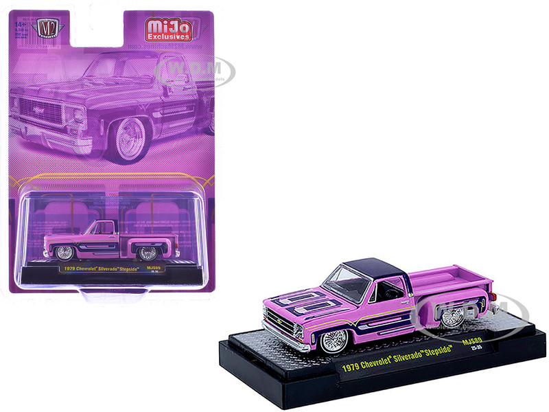 1979 Chevrolet Silverado Stepside Pickup Truck Pink with Purple Top and Graphics Limited Edition to 9350 pieces Worldwide 1/64 Diecast Model Car M2 Machines 31500-MJS89