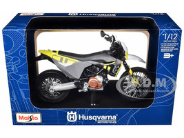 2023 Husqvarna 701 Supermoto Motorcycle Matt Black and Gray with Yellow and White Accents with Display Base 1/12 Diecast Model Maisto 32726BL
