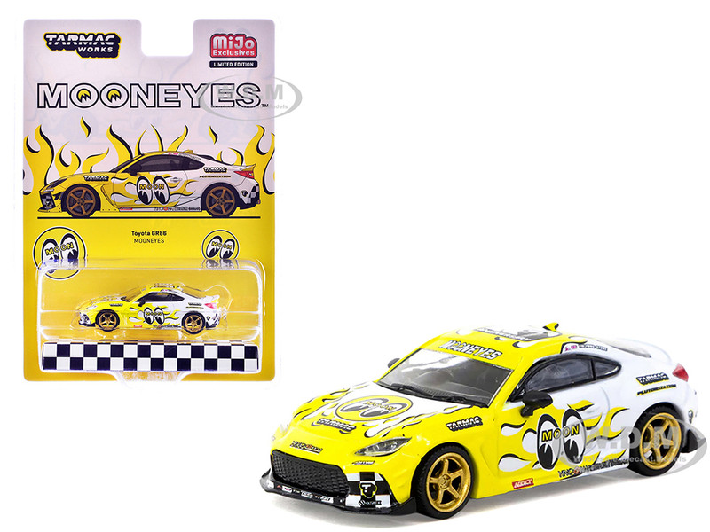 Toyota GR86 RHD Right Hand Drive MoonEyes White with Yellow Flames and Graphics Global64 Series 1/64 Diecast Model Tarmac Works T64G-038-MOON
