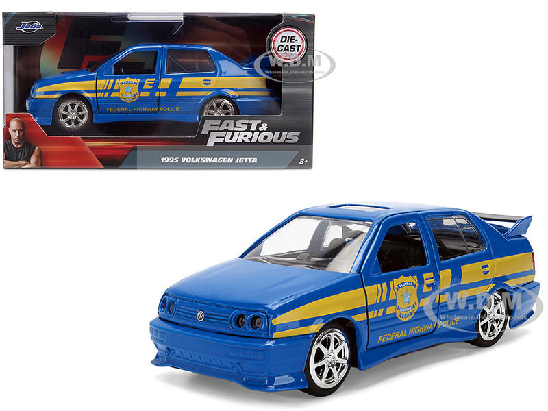Volkswagen Jetta Police Vehicle Rio Federal Highway Police Blue with Yellow Stripes Fast Five 2011 Movie Fast & Furious Series 1/32 Diecast Model Car Jada 36363