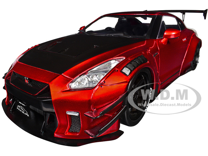 Nissan GT R R35 Liberty Walk Body Kit 2 0 RHD Right Hand Drive Red Metallic with Carbon Hood Pink Slips Series 1/18 Diecast Model Car Jada 36465