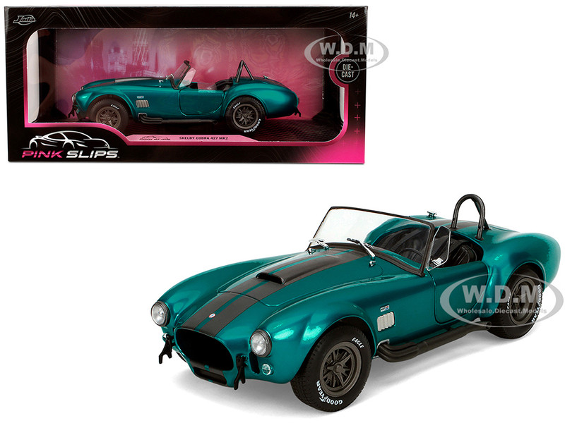 Shelby Cobra 427 MKII Teal Metallic with Gray Stripes Pink Slips Series 1/18 Diecast Model Car Jada 36467