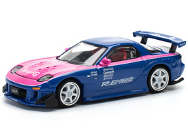 Mazda RX 7 RE Amemiya Widebody RHD Right Hand Drive Blue with Pink Hood and Stripes 1/64 Diecast Model Car Pop Race PR640240