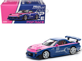 Mazda RX 7 RE Amemiya Widebody RHD Right Hand Drive Blue with Pink Hood and Stripes 1/64 Diecast Model Car Pop Race PR640240