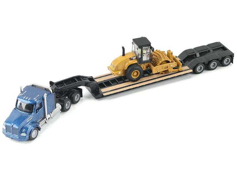 Kenworth T880 Tractor Blue Metallic with Lowboy Trailer and CAT Padfoot Roller Yellow 1/87 (HO) Diecast Model Diecast Masters 84424