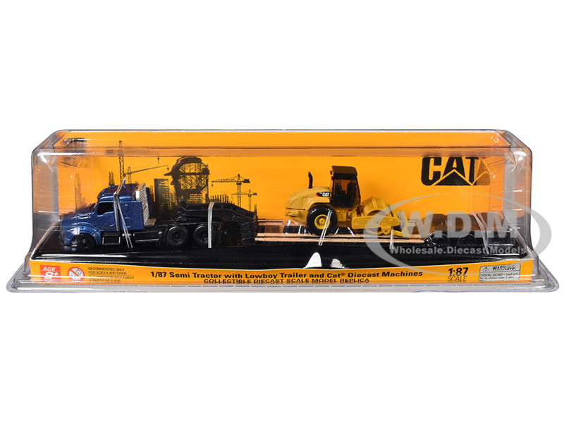 Kenworth T880 Tractor Blue Metallic with Lowboy Trailer and CAT Padfoot Roller Yellow 1/87 (HO) Diecast Model Diecast Masters 84424