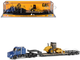 Kenworth T880 Tractor Blue Metallic with Lowboy Trailer and CAT Padfoot Roller Yellow 1/87 (HO) Diecast Model Diecast Masters 84424