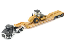 Kenworth T880 Tractor Black with Lowboy Trailer and CAT Roller Yellow 1/87 (HO) Diecast Model Diecast Masters 84425
