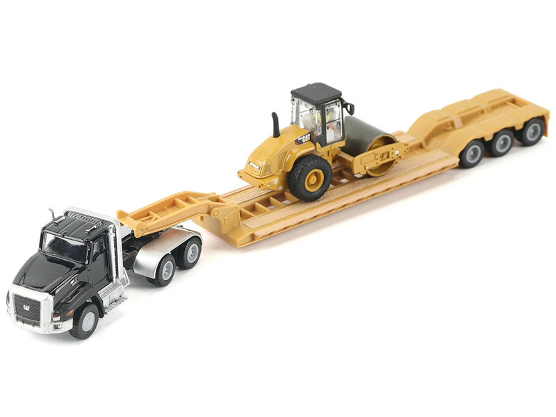 Kenworth T880 Tractor Black with Lowboy Trailer and CAT Roller Yellow 1/87 (HO) Diecast Model Diecast Masters 84425