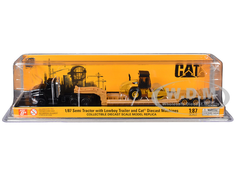Kenworth T880 Tractor Black with Lowboy Trailer and CAT Roller Yellow 1/87 (HO) Diecast Model Diecast Masters 84425