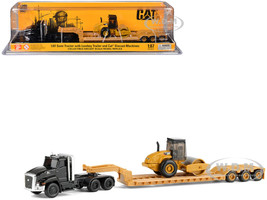 Kenworth T880 Tractor Black with Lowboy Trailer and CAT Roller Yellow 1/87 (HO) Diecast Model Diecast Masters 84425