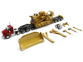 Kenworth T880 Day Cab Red and Trail King TK120 Lowboy Trailer with CAT Caterpillar D11R Dozer and Components Load Transport Series 1/50 Diecast Model Diecast Masters 85787
