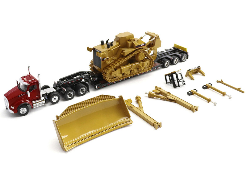 Kenworth T880 Day Cab Red and Trail King TK120 Lowboy Trailer with CAT Caterpillar D11R Dozer and Components Load Transport Series 1/50 Diecast Model Diecast Masters 85787
