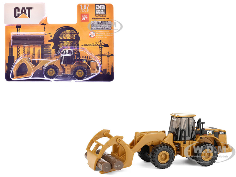 CAT Caterpillar 950G Wheel Loader Yellow with Log Fork and Wood Log Accessories 1/87 (HO) Diecast Model Diecast Masters 84661CS