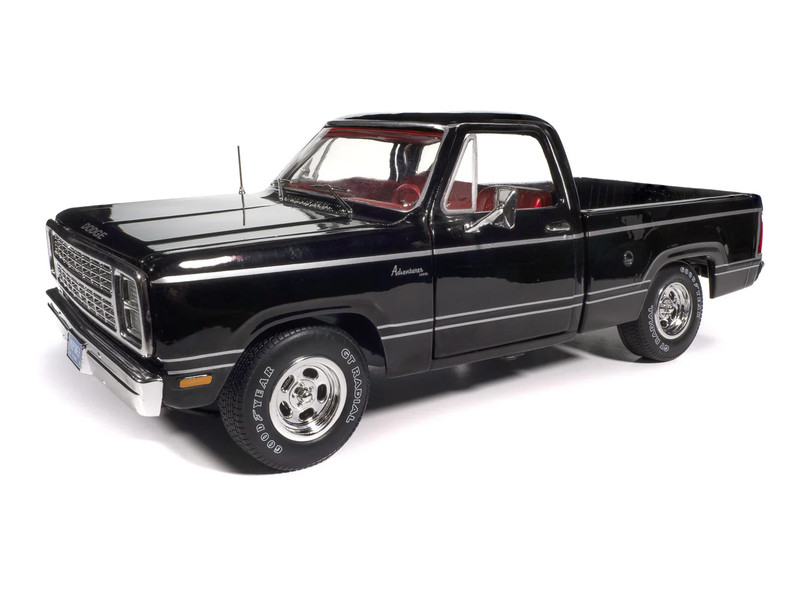 AMM13551979 Dodge Adventurer Sweptline Pickup Truck Black with Red Interior American Muscle Series 1/18 Diecast Model Car Auto World AMM1355
