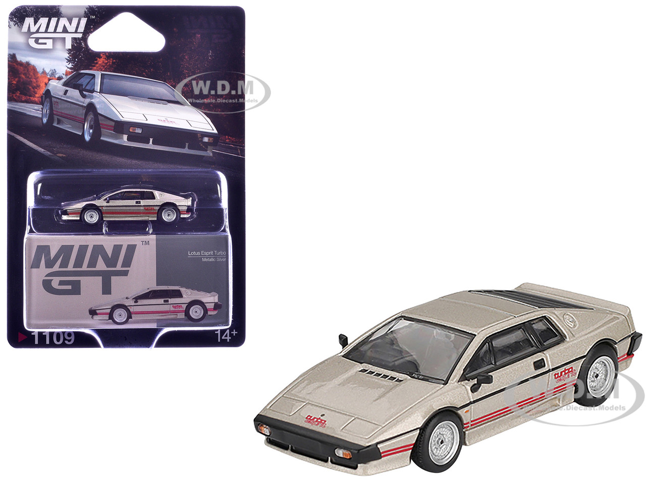 Lotus Esprit Turbo Silver Metallic with Red Stripes Limited Edition 1&frasl;64  Diecast Model Car by Mini GT