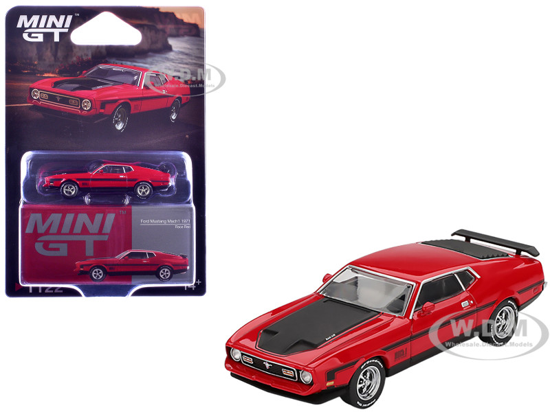 1971 Ford Mustang Mach 1 Race Red with Black Hood and Stripes Limited Edition 1/64 Diecast Model Car Mini GT MGT01122