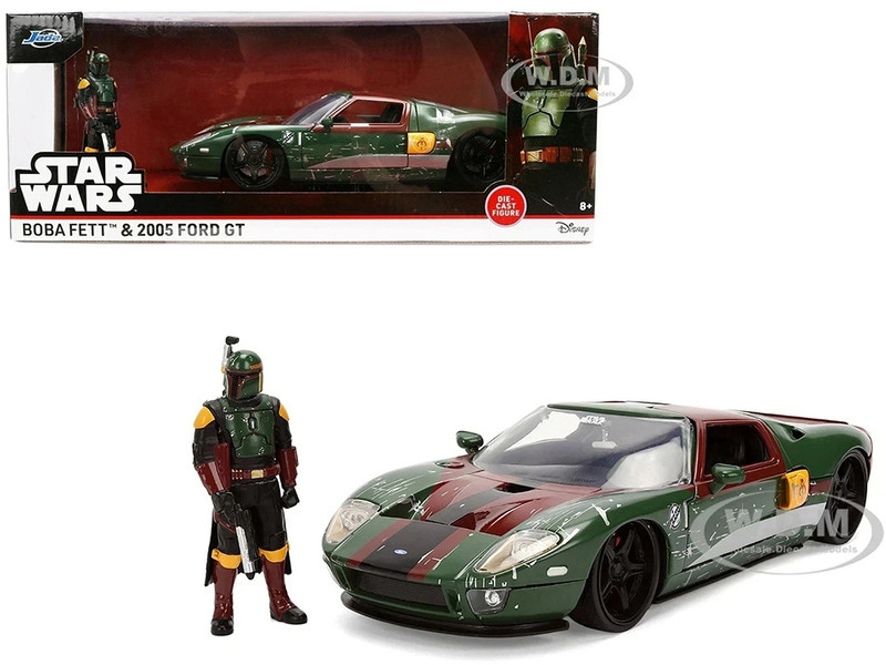 2005 Ford GT Green Weathered with Graphics and Boba Fett Figure Star Wars Franchise Hollywood Rides Series 1/24 Diecast Model Car Jada 36909