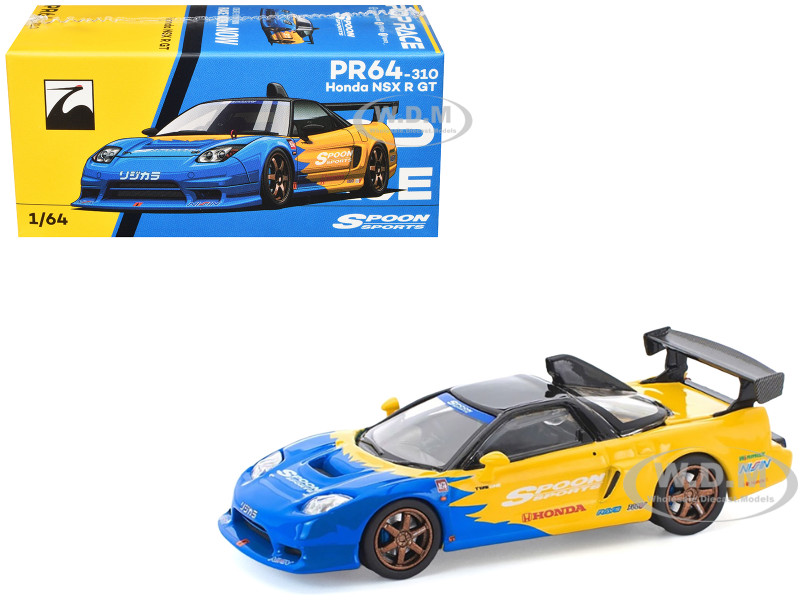 Honda NSX R GT RHD Right Hand Drive Spoon Sports Blue and Yellow with Black Top 1/64 Diecast Model Car Pop Race PR640310