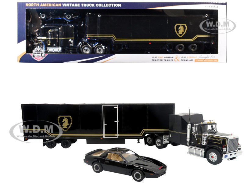 1980 GMC General Truck with Box Trailer Black with Gold Stripes and 1982 Pontiac Firebird Trans Am Black Knight Set North American Vintage Truck Collection Limited Edition to 252 pieces Worldwide 1/43 Diecast Model Iconic Replicas 43-0639