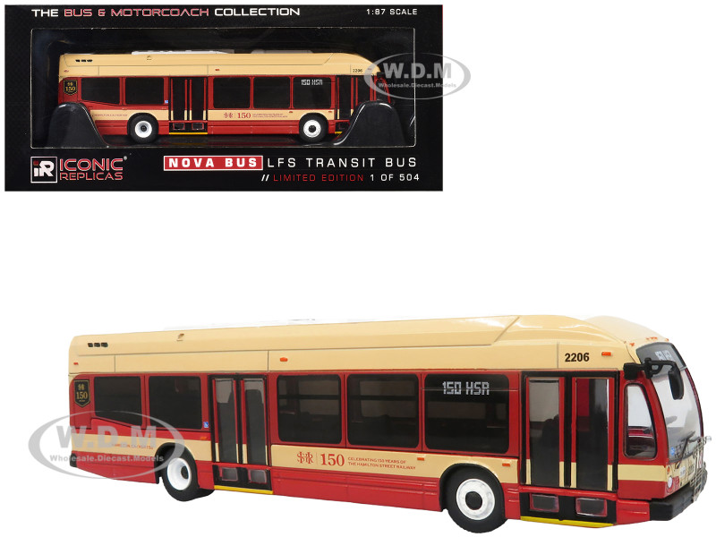 Nova Bus LFS HEV Transit Bus Hamilton Street Railway 150th Anniversary Cream and Red The Bus & Motorcoach Collection Limited Edition to 504 pieces Worldwide 1/87 (HO) Diecast Model Iconic Replicas 87-0624