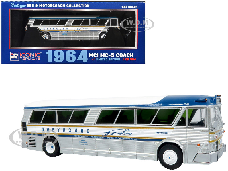 1964 MCI MC 5A Coach Bus Greyhound Golden Anniversary Silver with Blue and Gold Stripes Vintage Bus & Motorcoach Collection Limited Edition to 504 pieces Worldwide 1/87 (HO) Diecast Model Iconic Replicas 87-0625