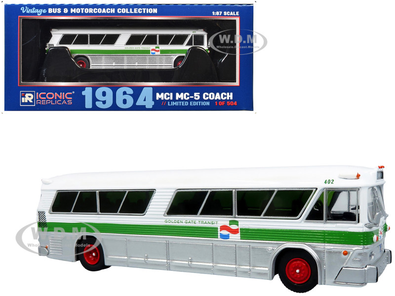 1964 MCI MC 5A Coach Bus Golden Gate Transit White with Green Stripes Vintage Bus & Motorcoach Collection Limited Edition to 504 pieces Worldwide 1/87 (HO) Diecast Model Iconic Replicas 87-0626