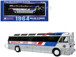 1964 MCI MC 5A Coach Bus Brewster Gray Line Silver with Blue and Red Stripes Vintage Bus & Motorcoach Collection Limited Edition to 504 pieces Worldwide 1/87 (HO) Diecast Model Iconic Replicas 87-0628