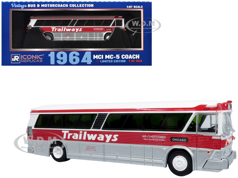 1964 MCI MC 5A Coach Bus Trailways Chicago White with Red Stripes Vintage Bus & Motorcoach Collection Limited Edition to 504 pieces Worldwide 1/87 (HO) Diecast Model Iconic Replicas 87-0630