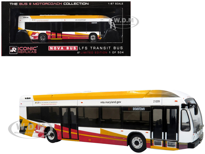 Nova Bus LFSH Hybrid Transit Bus MTA Maryland White with Red and Yellow Graphics The Bus & Motorcoach Collection Limited Edition to 504 pieces Worldwide 1/87 (HO) Diecast Model Iconic Replicas 87-0634