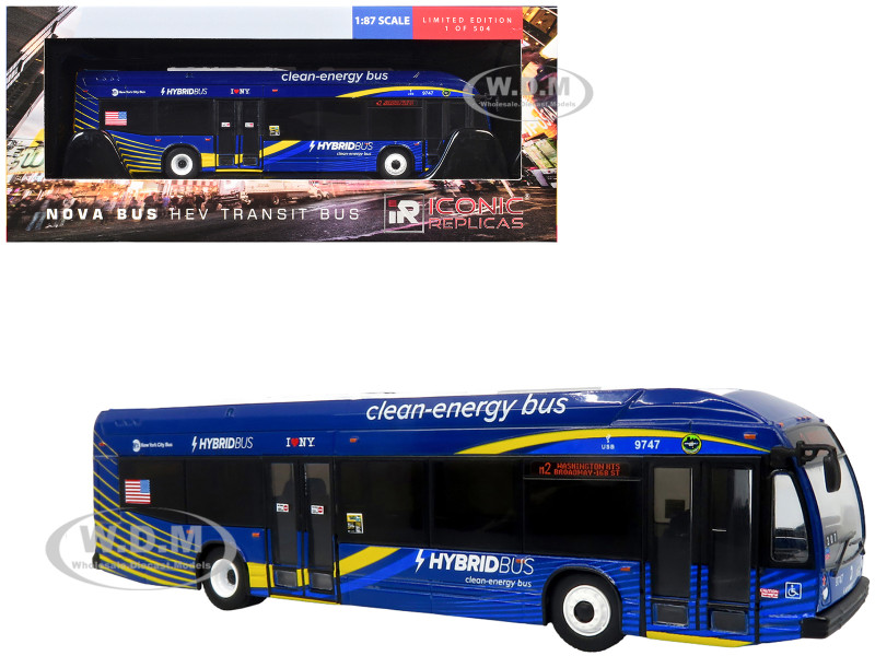 Nova Bus LFSH HEV Hybrid Transit Bus MTA New York City Blue with Yellow Graphics Limited Edition to 504 pieces Worldwide 1/87 (HO) Diecast Model Iconic Replicas 87-0635