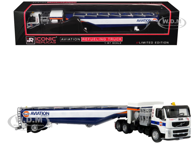 Volvo FM500 with Esterer Aviation Refueling Tanker Truck Gulf Aviation White with Blue Stripes Limited Edition 1/87 (HO) Diecast Model Iconic Replicas 87-0638