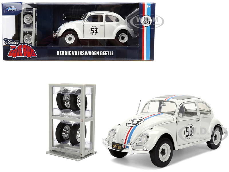 Volkswagen Beetle #53 Herbie White with Stripes The Love Bug 1968 Movie with Extra Wheels 1/24 Diecast Model Car Jada 37584