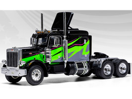 1973 Peterbilt 359 Truck Tractor Black and Lime Green with Graphics 1/64 Diecast Model IXO Models U64TR007