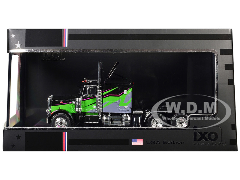1973 Peterbilt 359 Truck Tractor Black and Lime Green with Graphics 1/64 Diecast Model IXO Models U64TR007
