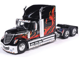 2010 International Lonestar Truck Tractor Black with Flame Graphics 1/64 Diecast Model IXO Models U64TR008