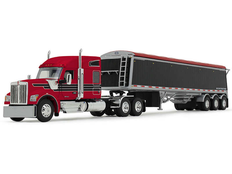 Kenworth W990 with 76 Mid Roof Sleeper and Lode King Distinction Hopper Trailer Red and Black 1/64 Diecast Model DCP/First Gear 60-2176