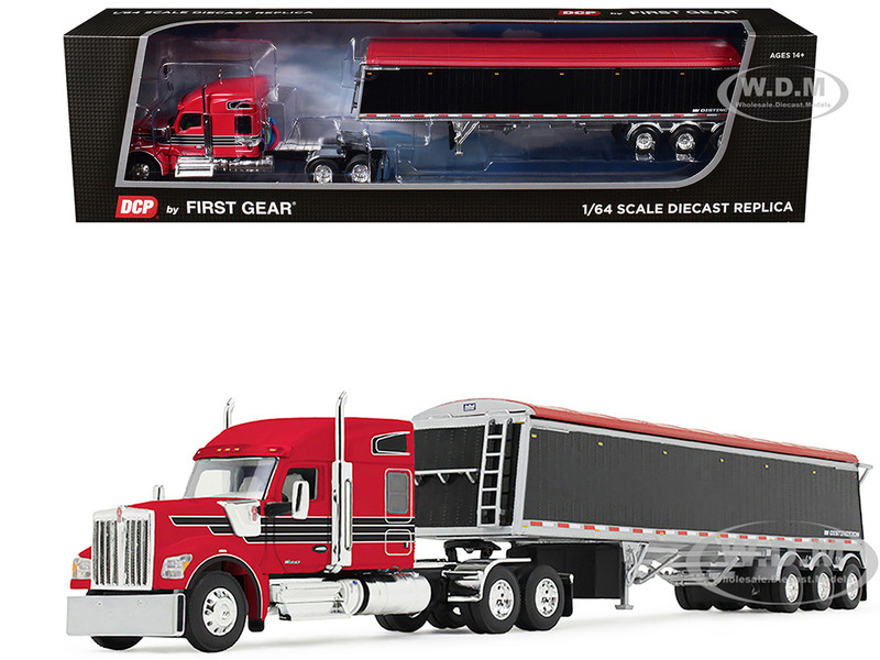 Kenworth W990 with 76 Mid Roof Sleeper and Lode King Distinction Hopper Trailer Red and Black 1/64 Diecast Model DCP/First Gear 60-2176