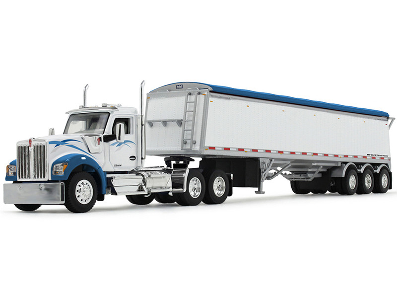 Kenworth W990 Day Cab and Lode King Distinction Hopper Trailer White and Blue 1/64 Diecast Model DCP/First Gear 60-2177