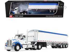 Kenworth W990 Day Cab and Lode King Distinction Hopper Trailer White and Blue 1/64 Diecast Model DCP/First Gear 60-2177