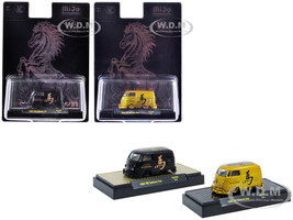 1960 Volkswagen Delivery Van Black with Graphics and 1960 Volkswagen Delivery Van Gold Metallic with Graphics 2026 Year Of The Horse Set of 2 pieces Limited Edition to 2026 pieces Worldwide 1/64 Diecast Model Cars M2 Machines 31500-MJS96