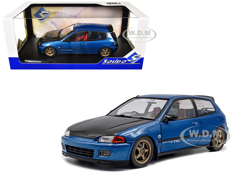 1991 Honda Civic EG6 RHD Right Hand Drive NAR Cobalt Blue Metallic with Carbon Hood 1/18 Diecast Model Car Solido S1810406
