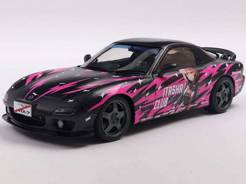 1994 Mazda RX7 FDRS RHD Right Hand Drive Itasha Club Black Metallic with Pink Graphics 1/18 Diecast Model Car Solido S1810605