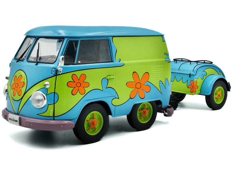 2024 Volkswagen Kool Kombi Van with Trailer Ghost Hunter Blue and Green with Graphics 1/18 Diecast Model Car Solido S1810904